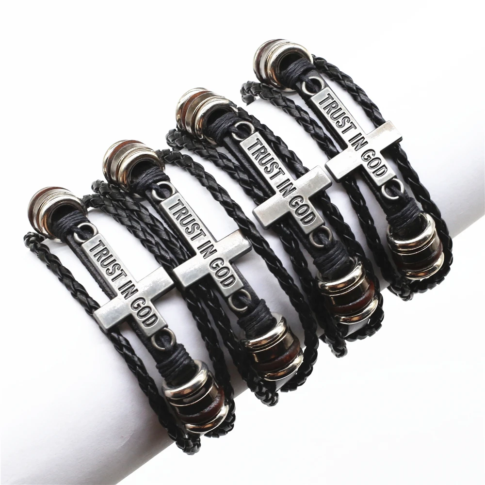 WESTBULL Wholesale TRUST IN GOD Cross Charm Men Beaded Weave Leather Bracelets For Women WristbandBangle Homme Male Punk Jewelry