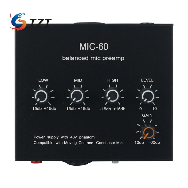TZT MIC-60 Preamp Mikrofon Seimbang Bawaan 48V Amplifier Mikrofon Dinamis Catu Daya Phantom dengan Kabel USB dan XLR