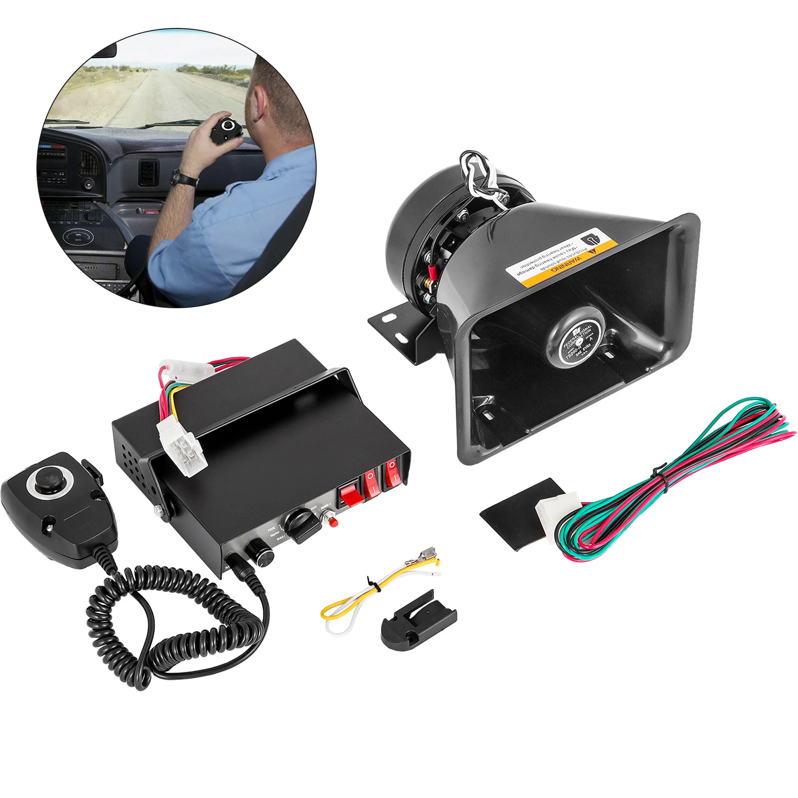 

SucceBuy 100/200W 12V DC Car Alarm Professional PA System 8 Kinds of Warning Sounds with Handheld Mic for All Specific Vehicles