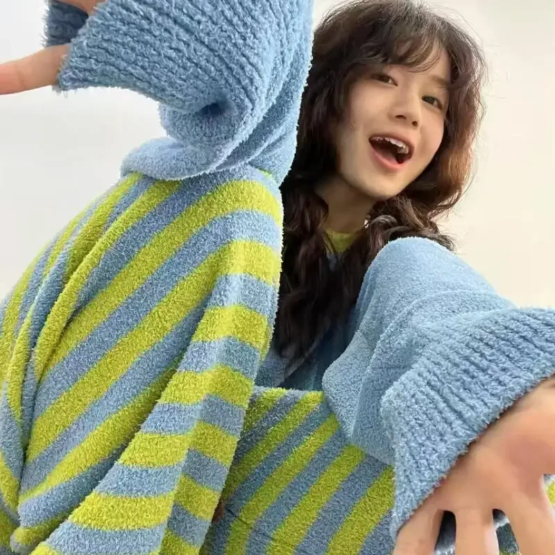 

Plush Knitted Loungewear Pajamas Suit Female Autumn Winter Coral Fleece Tops Stripes Pants Thicken Warm Outdoor Homewear Suit