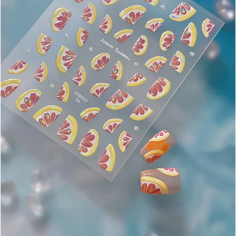 Summer Juicy Grapefruit Pattern Nail Stickers 5D Lemon Print Fruit Pattern Nail 3D Decoration Stickers Self Adhesive Decals DIY