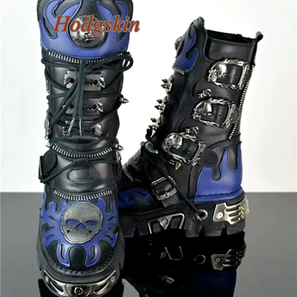 Metal Decoration Belt Buckle Boots Mid Calf Patchwork Chunky Heel Elastic Band Round Toe Boots Fashion Casual 2025 Newest Boots