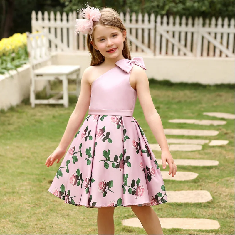 

New Girls' Summer Dress Sleeveless One-Shoulder Puffy Dress Stylish Pink Printed Princess Dress Children's Formal Dress