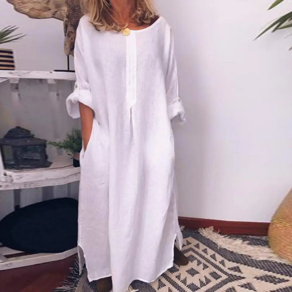 

Casual Women Solid Color Oversize Maxi Cotton Linen Long Shirt Kaftan Dress Robe Femme Vestido Casual Party Pocket Dress 원피스