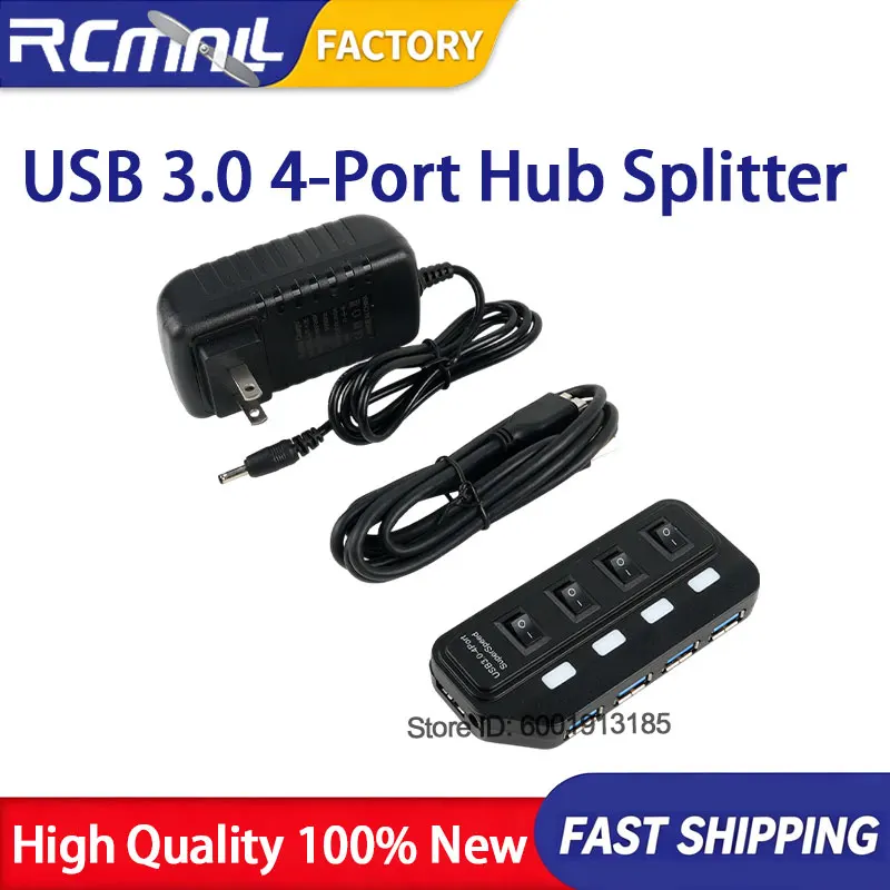 USB 3.0 Hub 4-Port Splitter with Individual Switches and Power Adapter High-Speed Data Transfer and Charging Station for Laptop