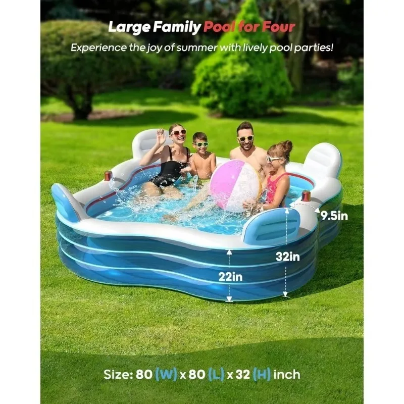 

Inflatable Swimming Pool, Full-Sized Blow Up Pools with Seats and Backrests, Kiddie Pool for Outdoor & Backyard, Jelly Blue
