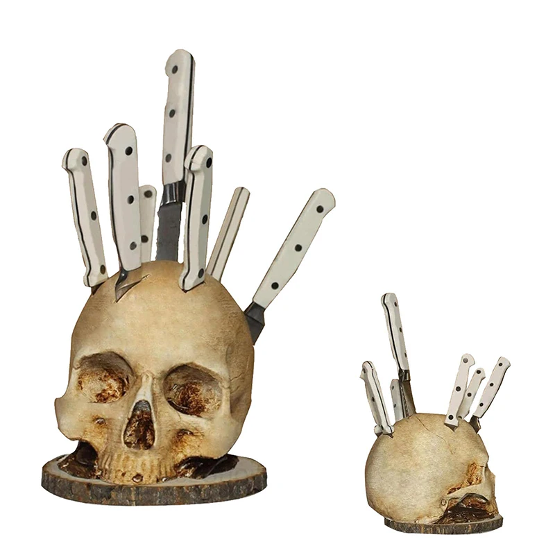 Skull Knife Holder For Kitchen Storage Resin Skull Knife Storage Rack Gothic Scary Skeleton Ornament Party Decoration Gift