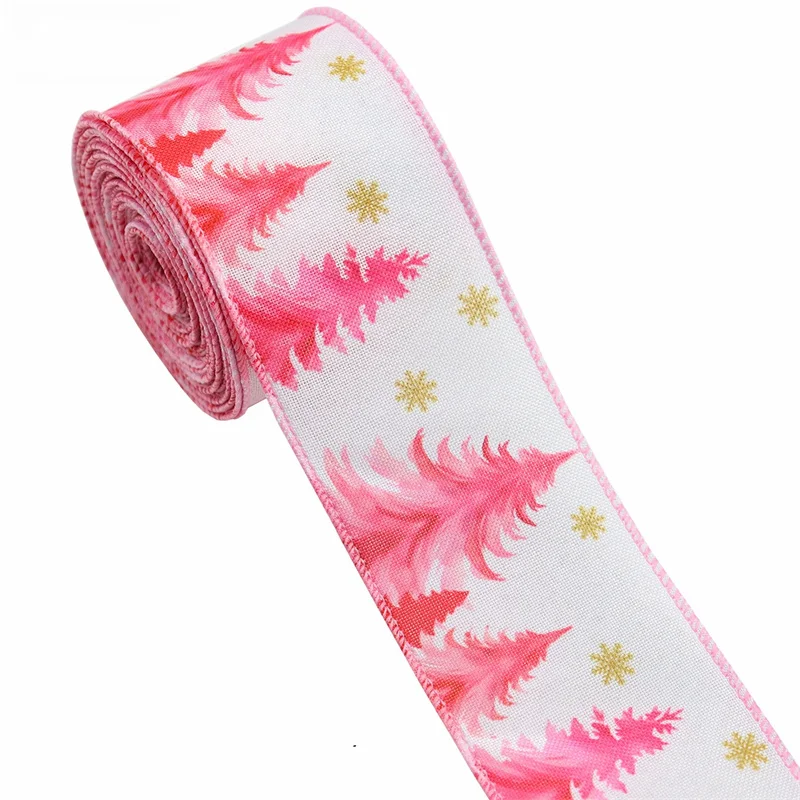 Wired Christmas Ribbon Pink Plaid Grosgrain Ribbons for Wedding Cake Packaging Birthday Gift Wrapping Bowknot Christmas Decor