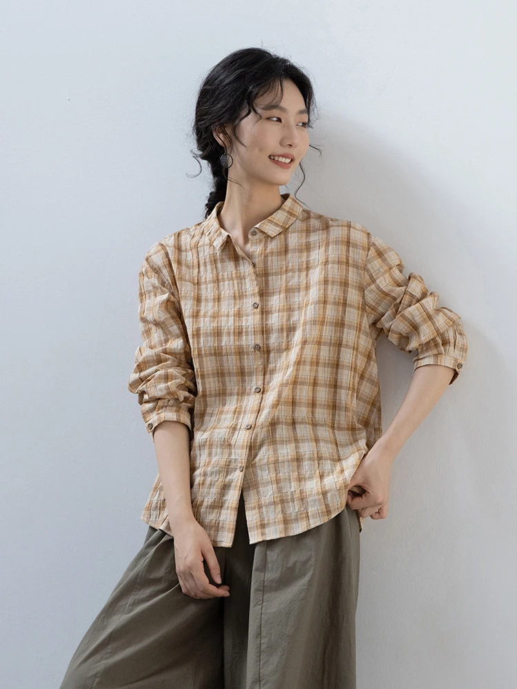 

New Le Collection Thin Cotton Blend Colored Weave Khaki And Camel Plaid Summer irt Artistic Button up Top Women's Faion