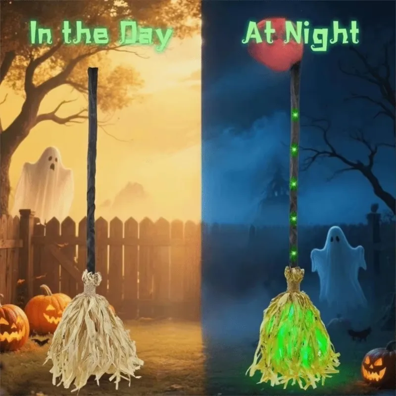 Halloween LED Light Up Witch Broom Flexible Bendable Handle Witch Broomstick Cosplay Costume Prop Halloween Party Decor Toy Gift