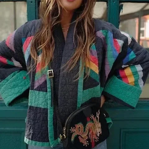 Women Print Parka Cardigan Spliced Parkas Long Sleeve Loose Turn Down Collar Outerwear Vintage Casual 2025 Autumn Pockets