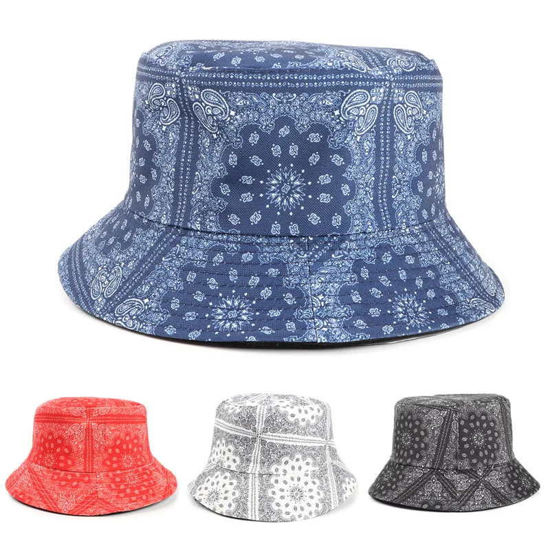 

Women's Paisley Printed Bucket Hats Double-sided Bandana Panama Caps Men Outdoor Sport Sun Protection Fishing Fisherman Hat Bob