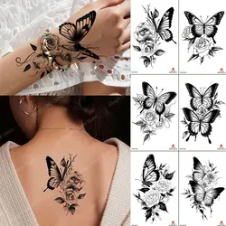 Black Butterfly Flower Tattoo Sticker for Women Arm Chest Wrist Waterproof Temporary Tattoo Fake Tattoo Body Decor