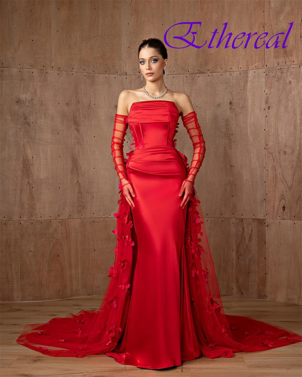 

Customized Elegant Satin Evening Dress Fashion Strapless Flowers Prom Dresses Delicate Sweep Train Special Occasion Gowns