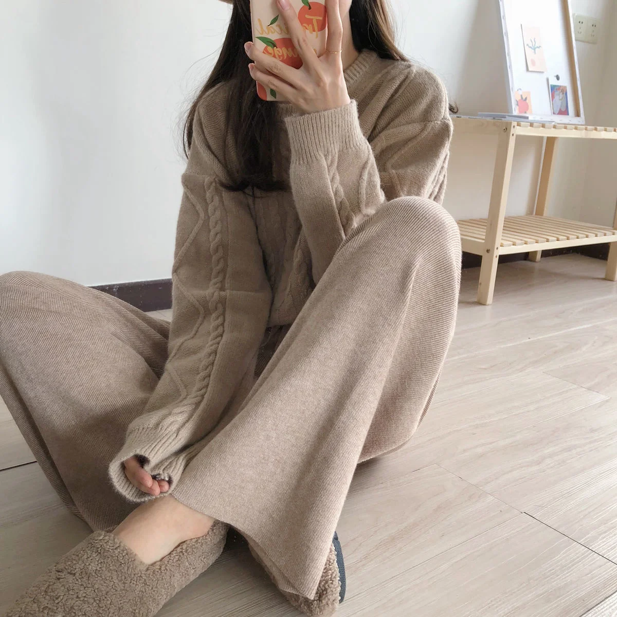 

Leg Knitted Wide Pants Women New Autumn Winter 2023 Fashion Casual Trousers Elegant Ladies Solid High Waist Pants Tops R67