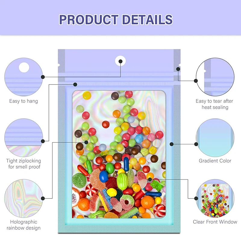 1000Pcs/Lot Resealable Mylar Ziplock Bags Holographic Gradient Bags With Clear Window Packaging Pouch Party Bags Sample Bags