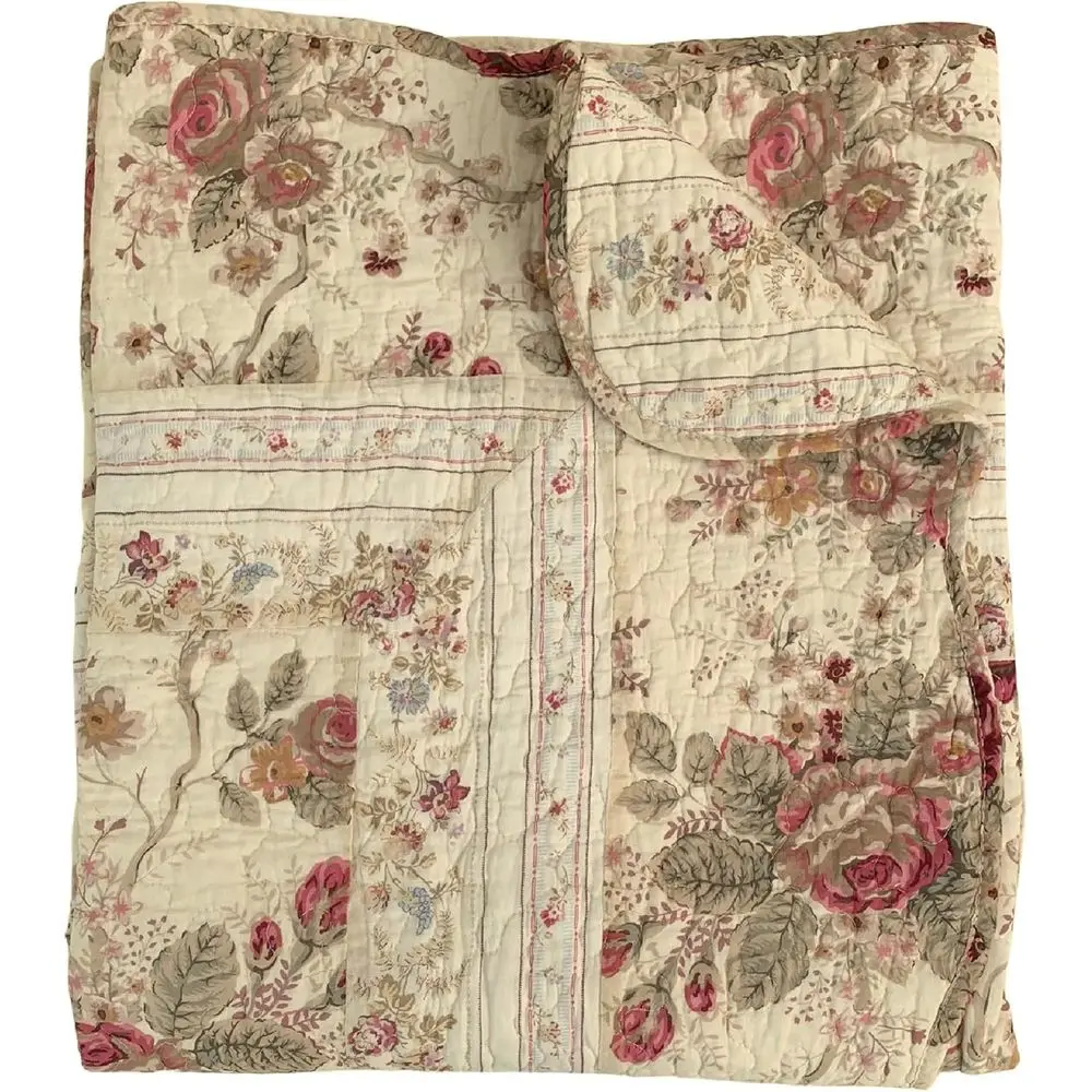

Antique Rose - Classic Traditional Floral - 100% Cotton Quilted Throw Blanket, 50 x 60 inches, Ecru