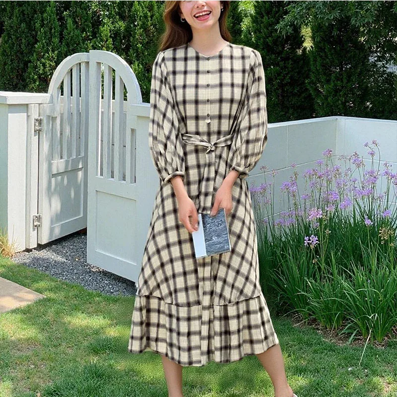 فستان نسائي جديد لخريف وشتاء 2025 عالي الجودة بحزام غير رسمي منقوش على طراز قميص عصري متعدد الاستخدامات وأكمام طويلة ورقبة مستديرة #3