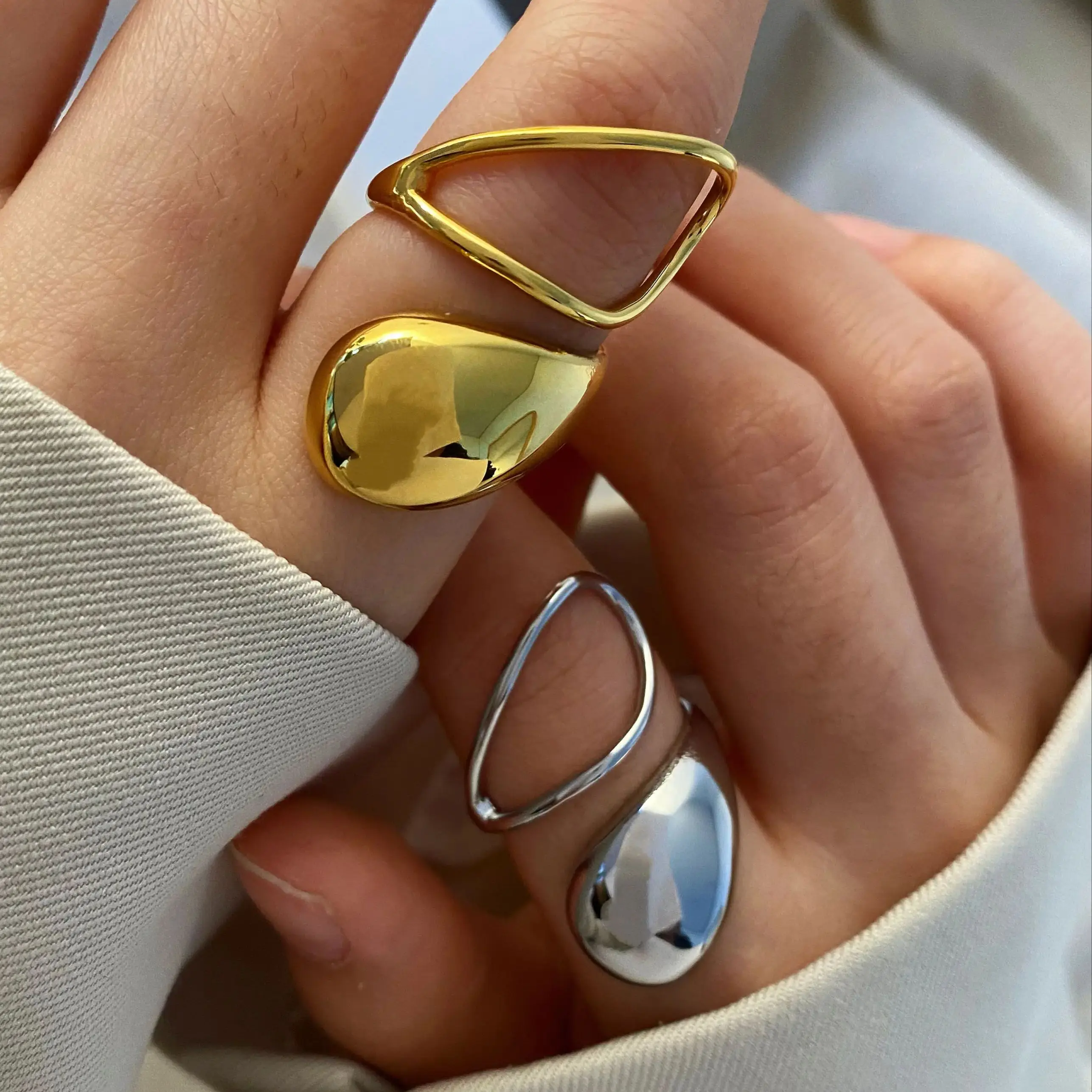 مجوهرات CARLIDANA قطرة الماء من الفولاذ المقاوم للصدأ حلقة مفتوحة مطلية بالذهب عيار 14 قيراط للنساء خاتم مبالغ فيه شخصي بالجملة