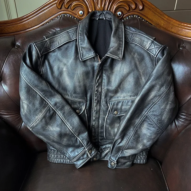 

Elegant and fashionable wide-cut top-grain cowhide color-brushed workwear lapel style