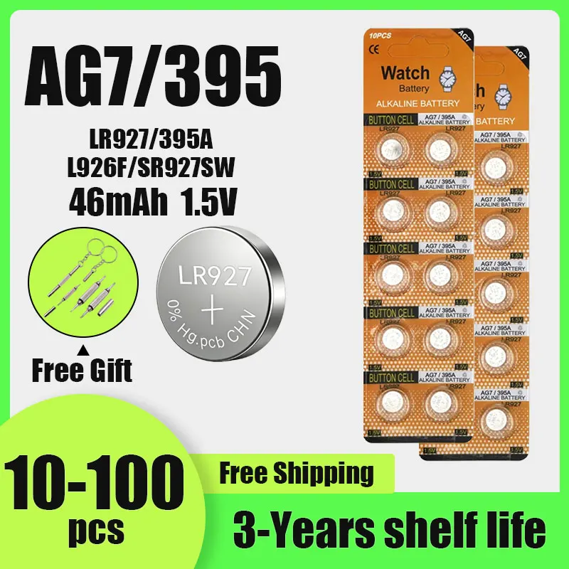10-100Pcs AG7 1.5V Button Battery LR927 399 395A L926F Alkaline Coin Cell for Watches Toys Remote Control Camera Tire Gauge