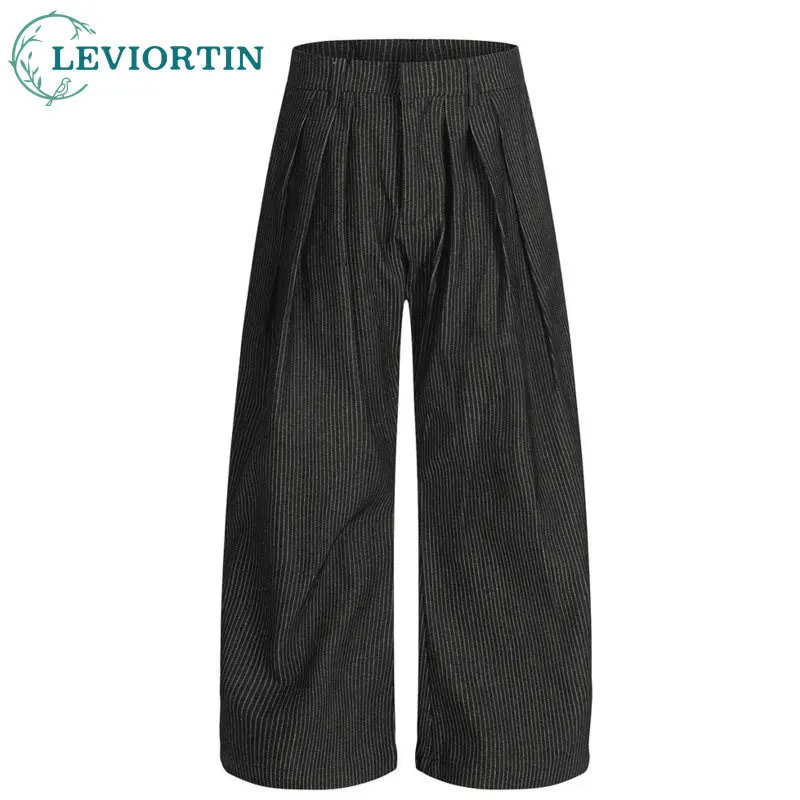 

Men's fashion trend brand chic doubles pleated design with a casual and loose retro style, vertical stripe wide leg pants
