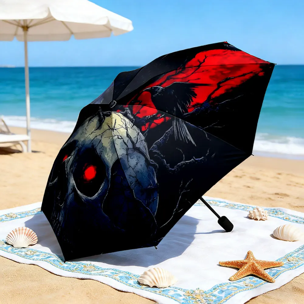 1PC Dark Raven Design Umbrella at Lakeside Picnic Print 8 Iron Ribs Folding Umbrella Auto-Open Fashion Sunshade