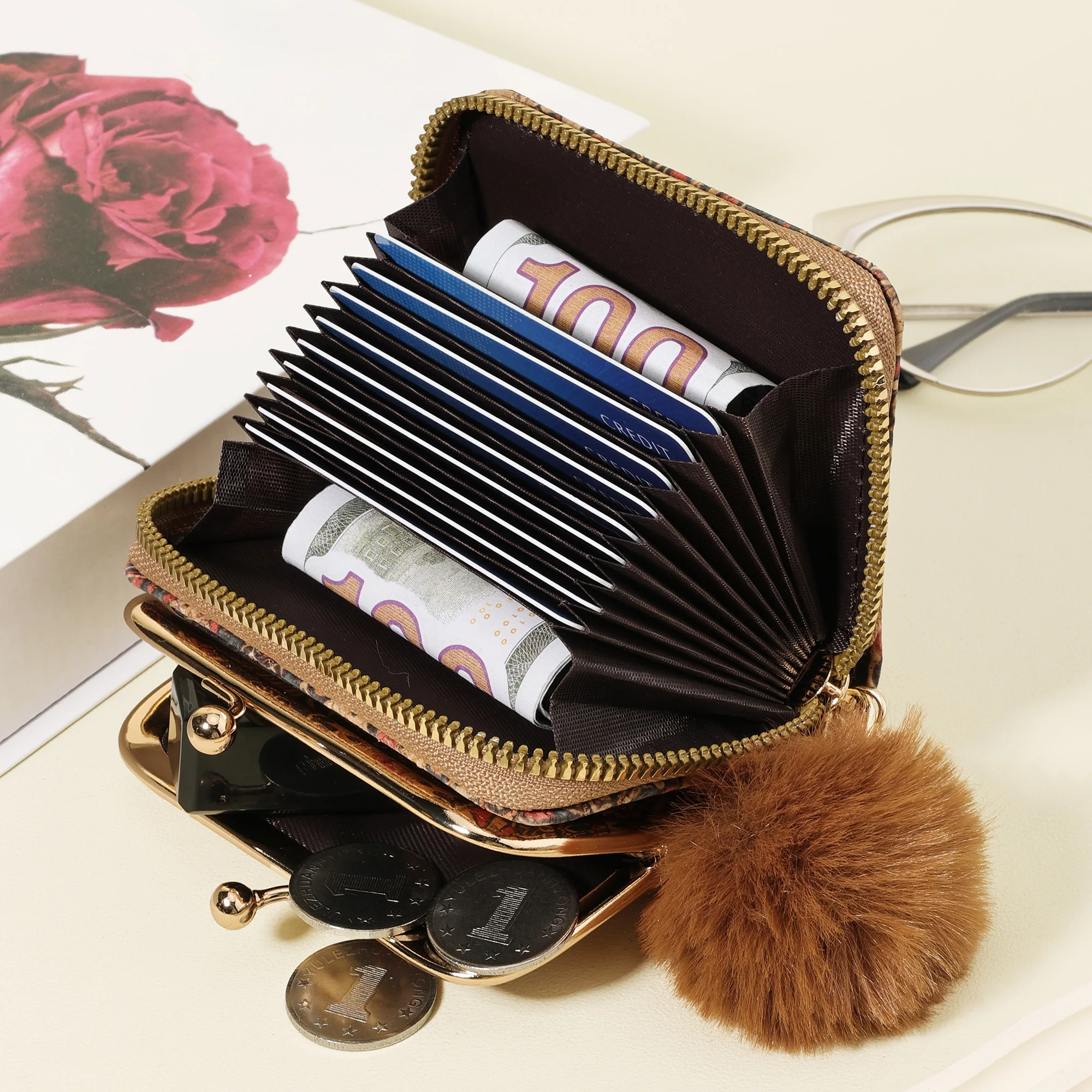 حامل بطاقات رفيع للغاية، يتميز بلمسة بوم بوم الأنيقة، ومحفظة بطاقات الائتمان النسائية، ومحفظة حامل بطاقات متعددة ذات سعة كبيرة، #5
