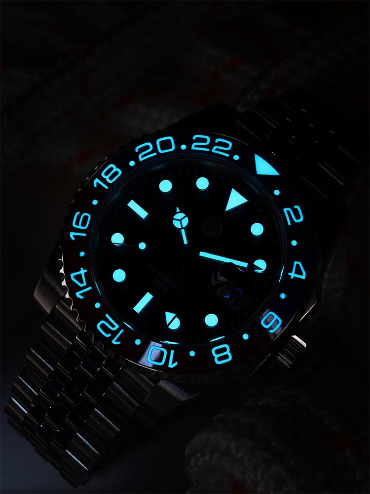 San Martin Men Automatic Mechanical Watch GMT Jubilee Bracelet Bidirectional Ceramic Bezel Sapphire Cyclops Waterproof SN0015-C