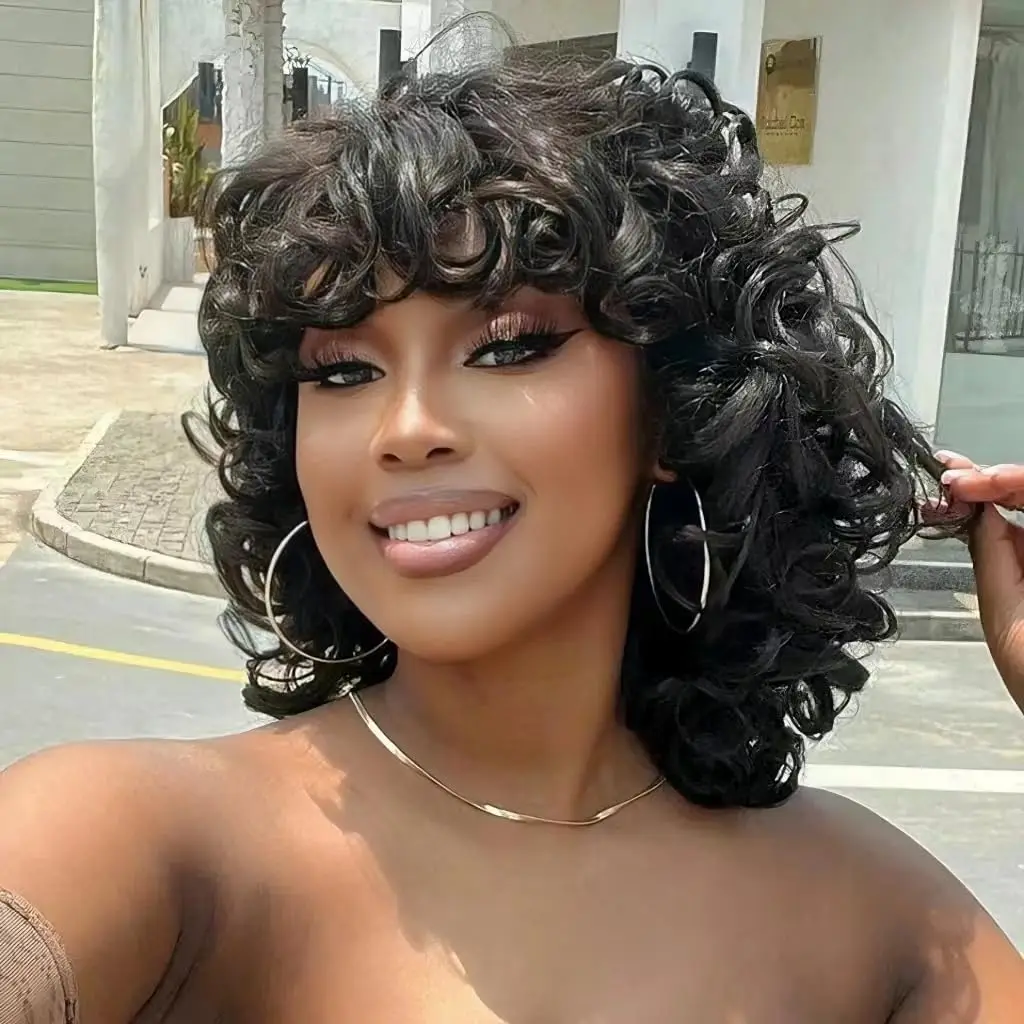 

Short Bouncy Curly Human Hair Wigs With Bangs Brazilian Virgin Human Hair Short Rose Curly Wig For Women Glueless Human Hair Wig