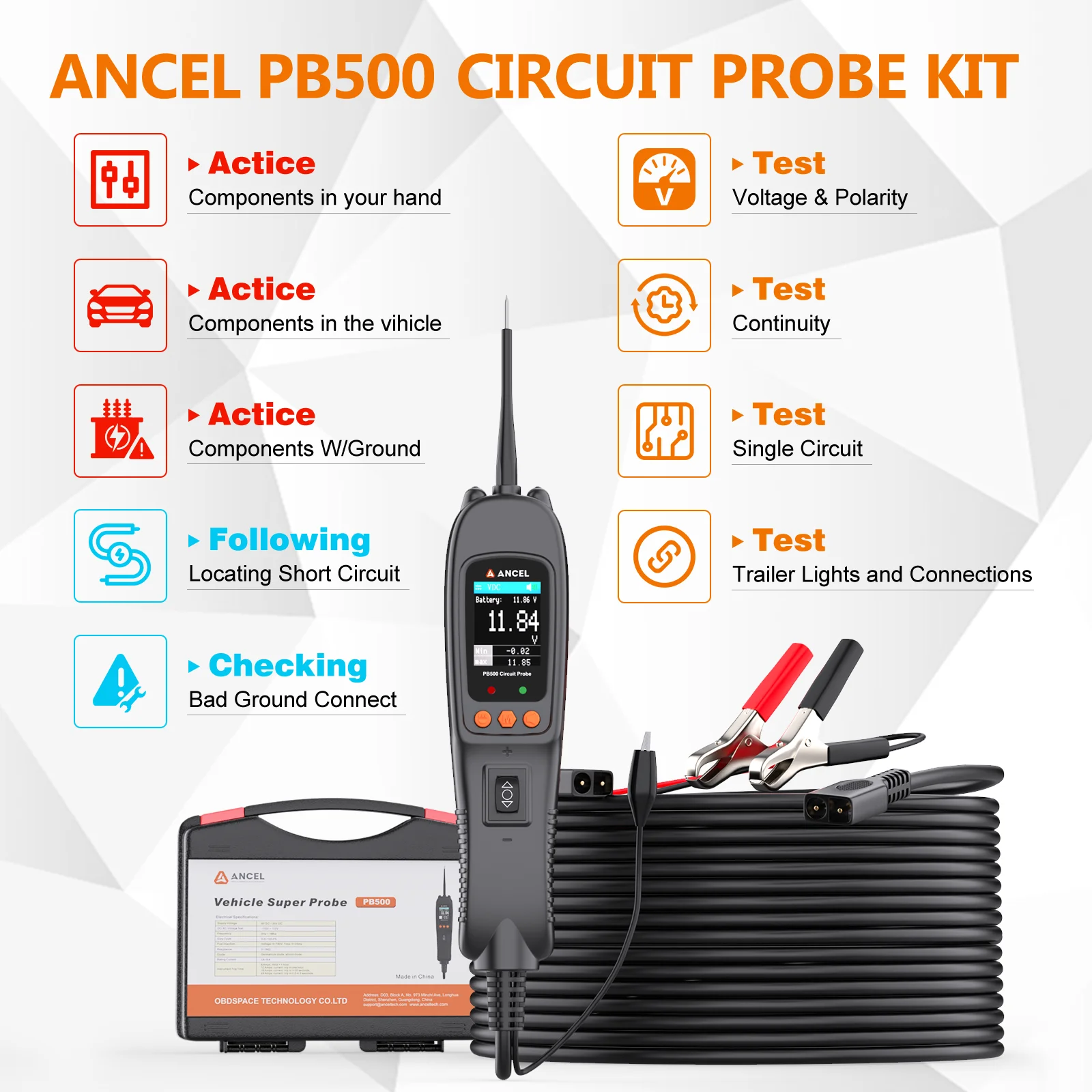 Ancel PB500 Car Circuit Probe Kit Circuit Tester Fuel Injector 12V 24V Automotive Voltage Power Inspection Tools