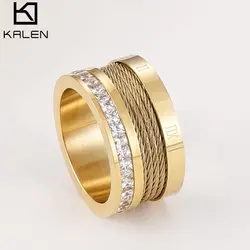 KALEN Luxury Rhinestone Rings For Women Stainless Steel Gold/Silver Color Roman Numerals Finger Rings Female Wedding Rings