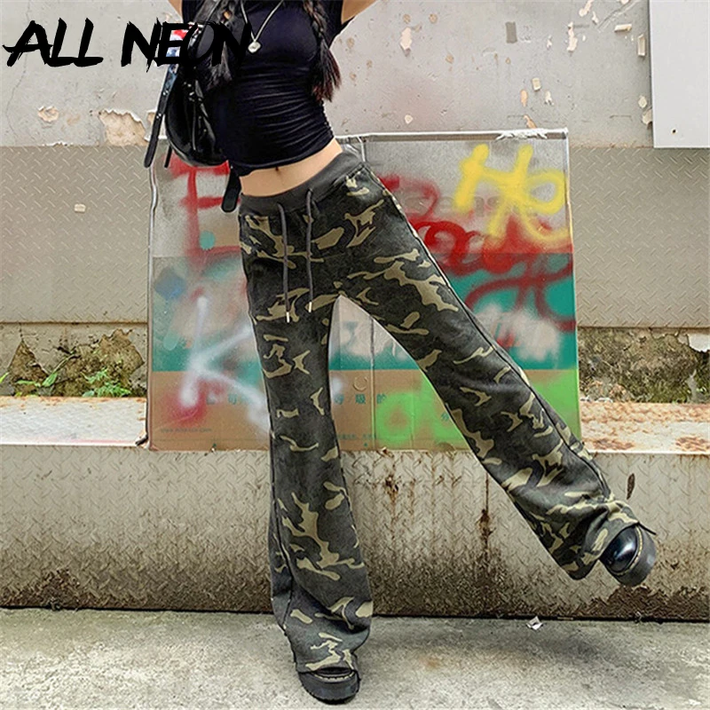 

ALLNeon Acubi Fashion Camouflage Print High Waist Pants 90s E-girl Drawstring Loose Trousers Casual Full Length Pant Y2K Bottoms