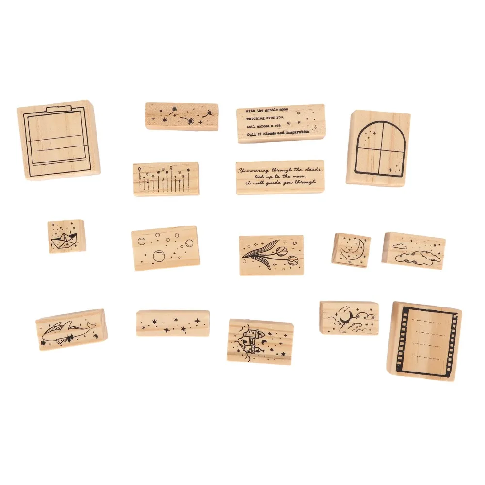 16pcs Clear Imprint Wooden Rubber Stamp Set Moon Cloud Scenery Delicate Carving Decorative Wood Stamp Rectangle Stamp Set