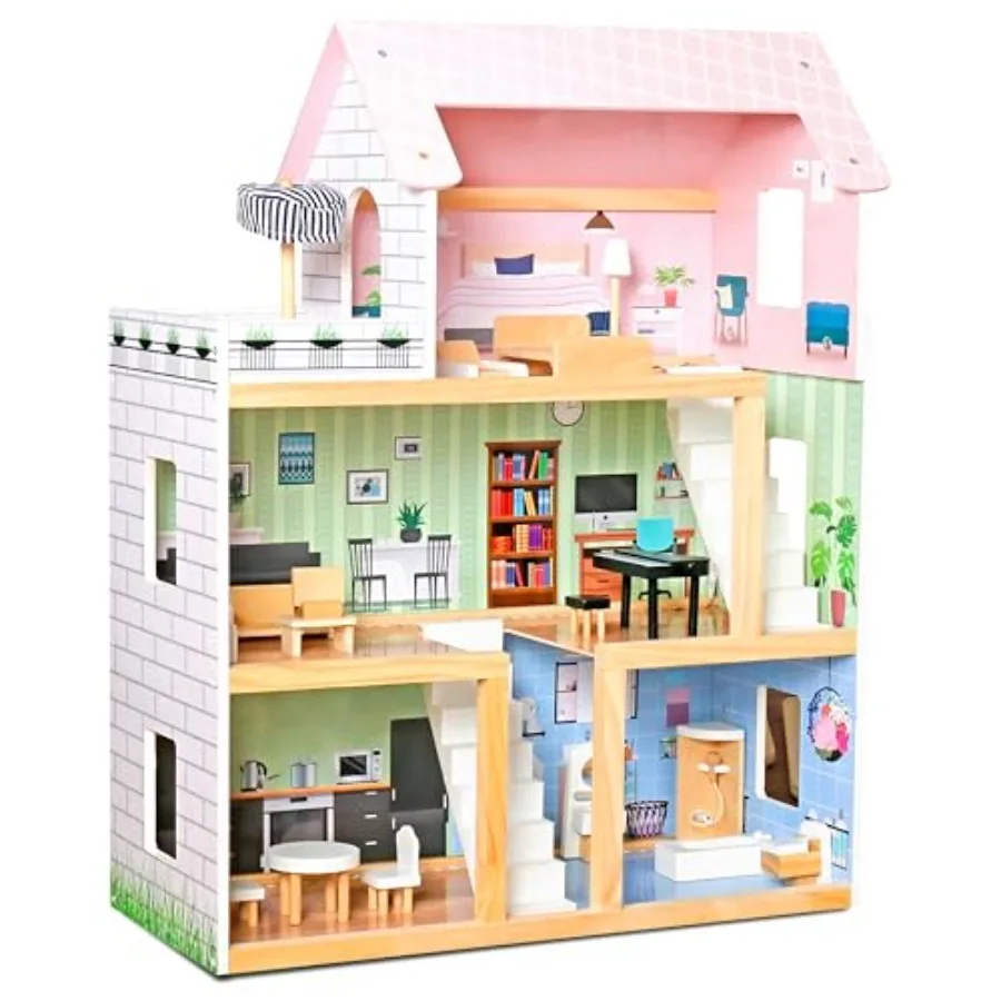

Wooden Dollhouse, 17-Piece Accessories and Furniture are Included, with Balcony and Stairs, 3 Story Easy to Assemble Doll House