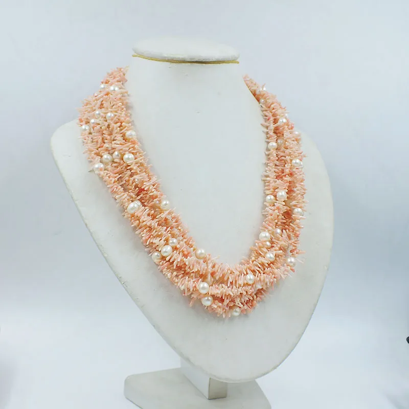 6 strand Luxury Birthday Party Women's Natural Coral/Pearl Necklace 21”