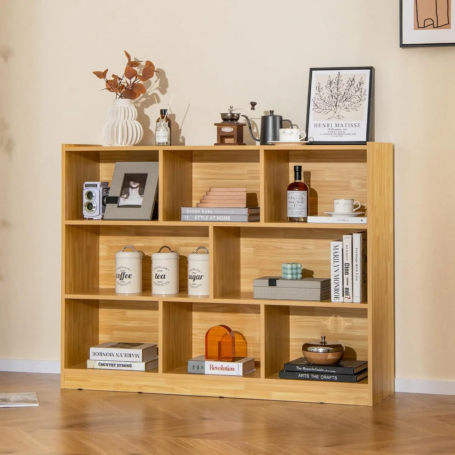 Estantería de 8 cubos, estantería abierta de 3 niveles, organizador de almacenamiento de madera moderno para sala de estar, habitación de niños