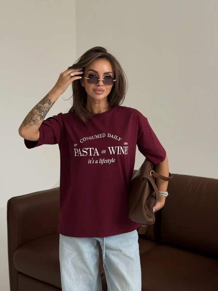 Retro wino czerwone czystej bawełny luźne t-shirty ameryka stylowy wzór w litery Y2K Top Temperament niszowe ubrania lato na co dzień luźne