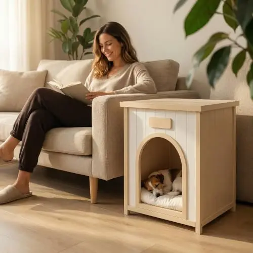 Modern Indoor Wooden Dog House with Removable Cushion – Solid Cedar Pet House for Small Dogs & Cats, Furniture-Grade