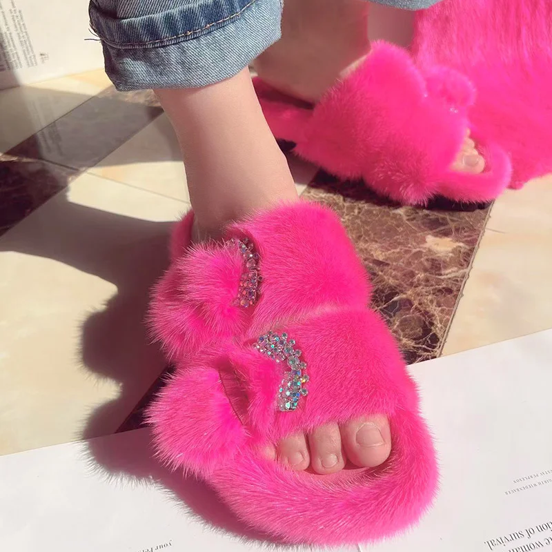 Summer Woman Real Fur Mink Slippers Ladies Fur Luxury Fluffy Plush Slipper Soft Fuzzy Platform Indoor Casual Female Sandals