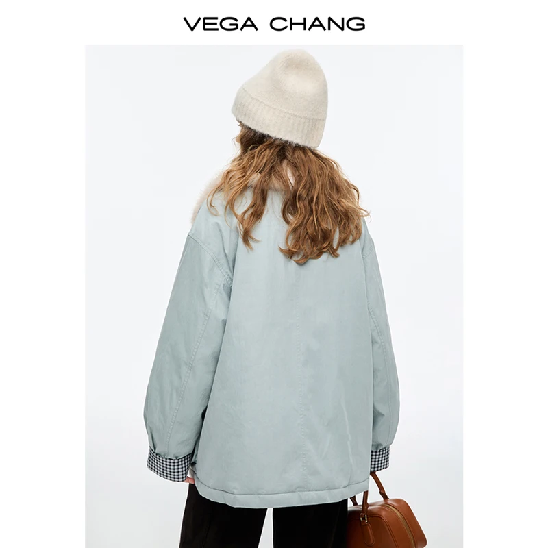 Kurtka puchowa Vega Chang New Winter damska, aksamitna, z futrzanym kołnierzem i przeszyciami w kratę, ciepły płaszcz