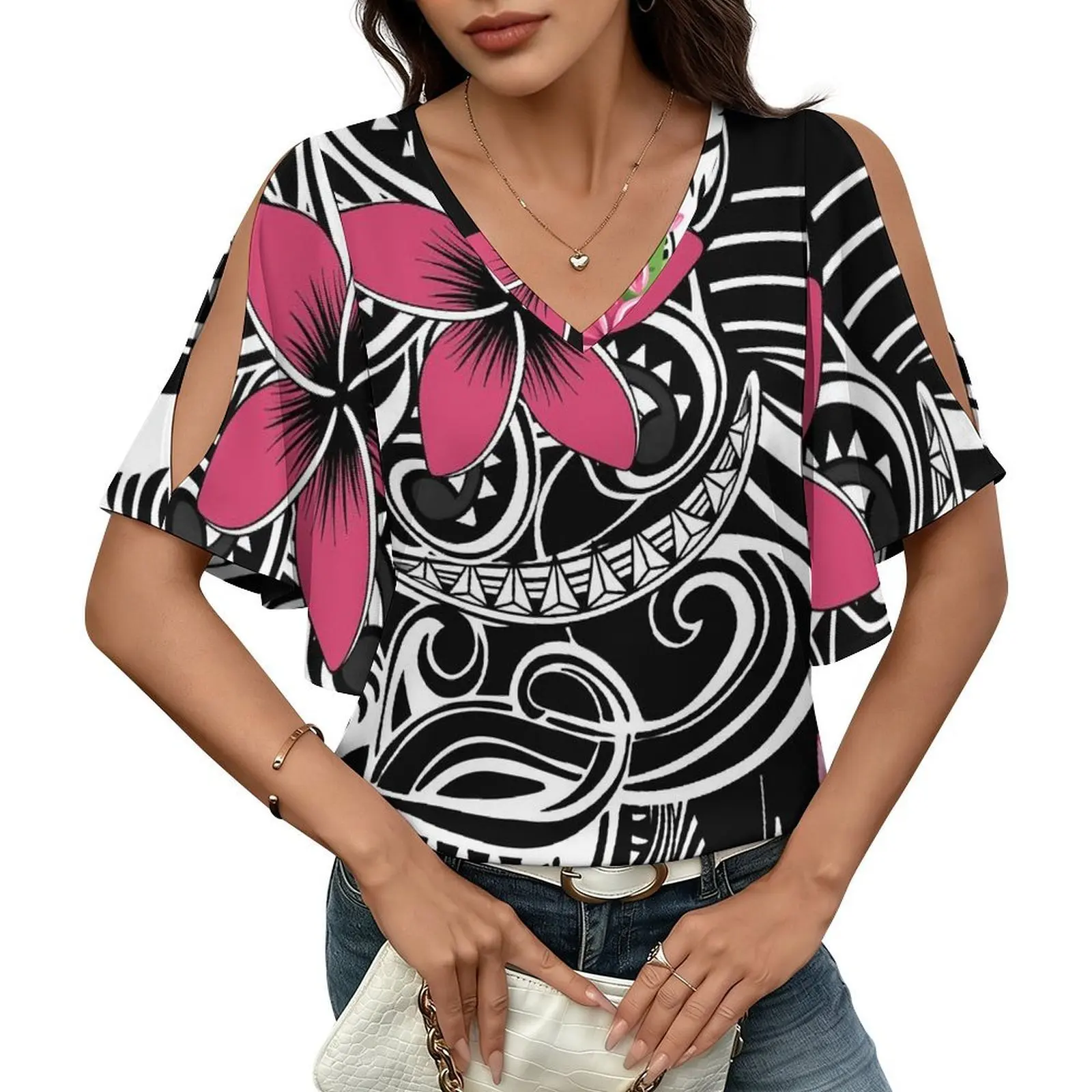

Удобная и мягкая женская повседневная свободная футболка с V-образным вырезом, рюшами на рукавах и открытой передней частью, с полинезийским принтом на заказ
