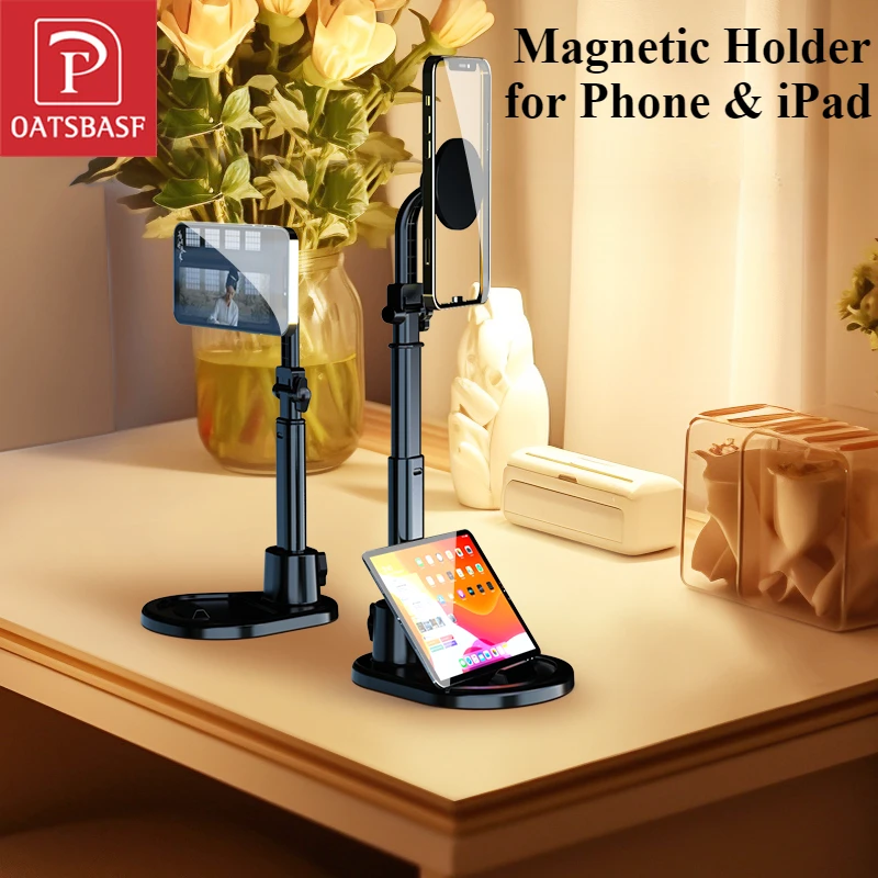 

Oatsbasf Magnetic Phone Holder Desktop for iPhone iPad 360° Rotatable Magnetic Stand Adjustable Height for Phone Live Broadcast