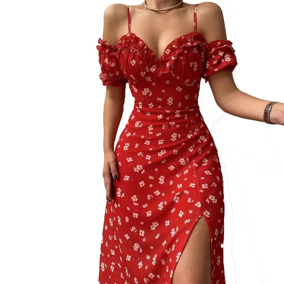 New Summer Dress Elegant Casual Printed Off Shoulder Split Dress Women Short Sleeve Slim Dresses For Club Party Holiday Vestidos
