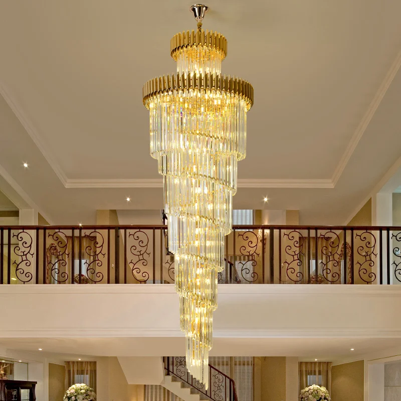 yunyi lustre espiral escada redonda interior luxo moderno grande ouro cor preta suspensao escadaria do lobby cristal 01