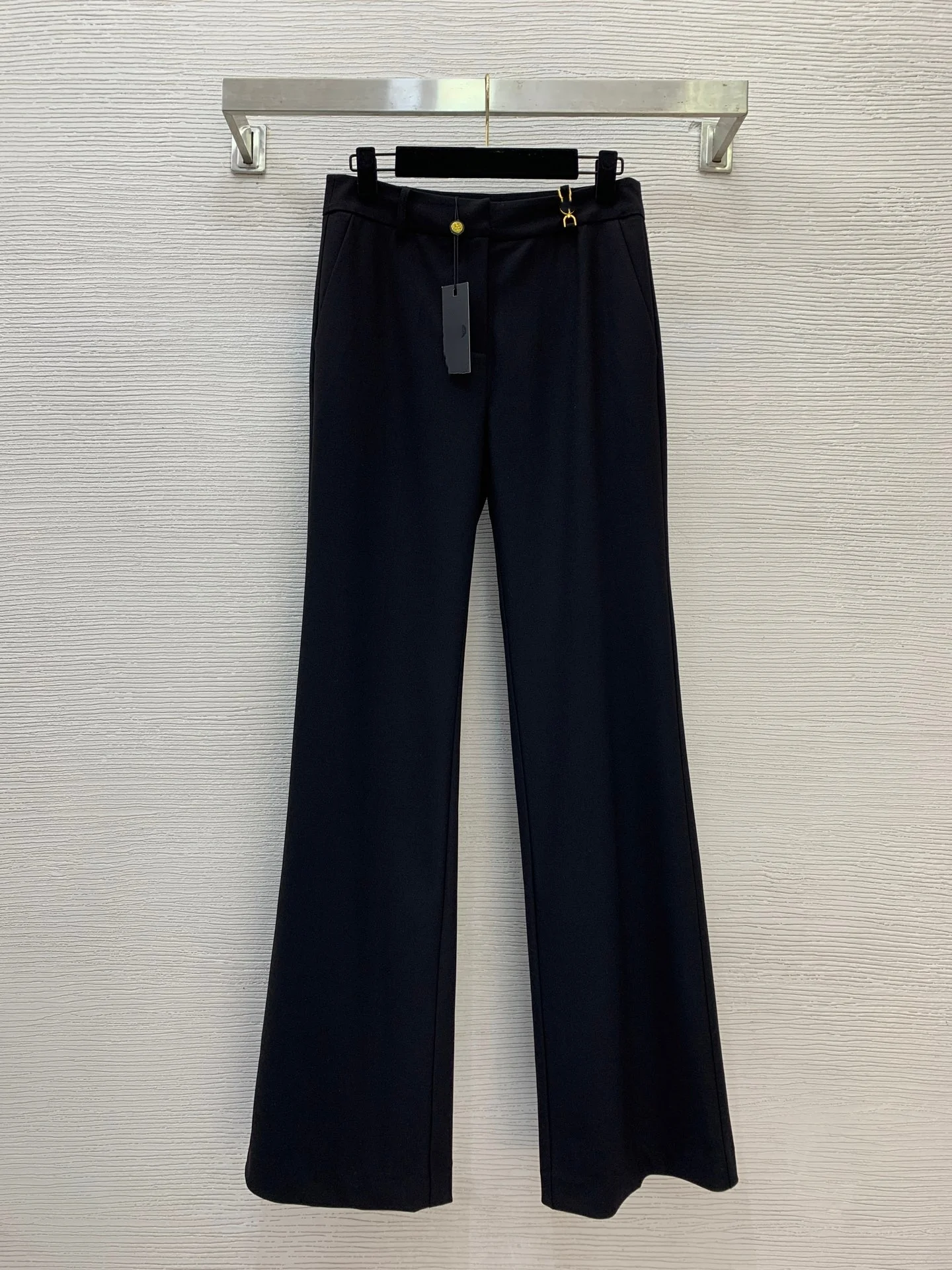 High-end custom wool blend, buttoned waist, mid-rise slim micro-flared pants, trousers