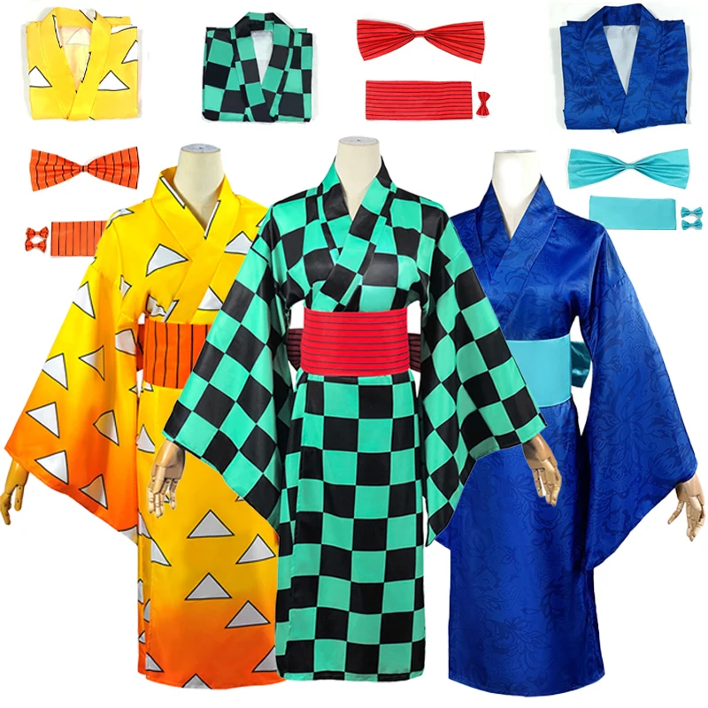 

Japanese Anime Kamado Tanjirou Cosplay Costumes Kimono Belts Agatsuma Zenitsu Kimonos Robe Christmas Role Play Halloween Outfits