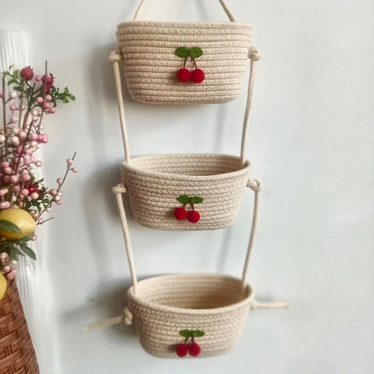 

Farmhouse 3-Tier Hanging Basket. Hand-Woven Wall & Desk Storage. Detachable Rope. Perfect Home Organizer, Stylish Room Decor.