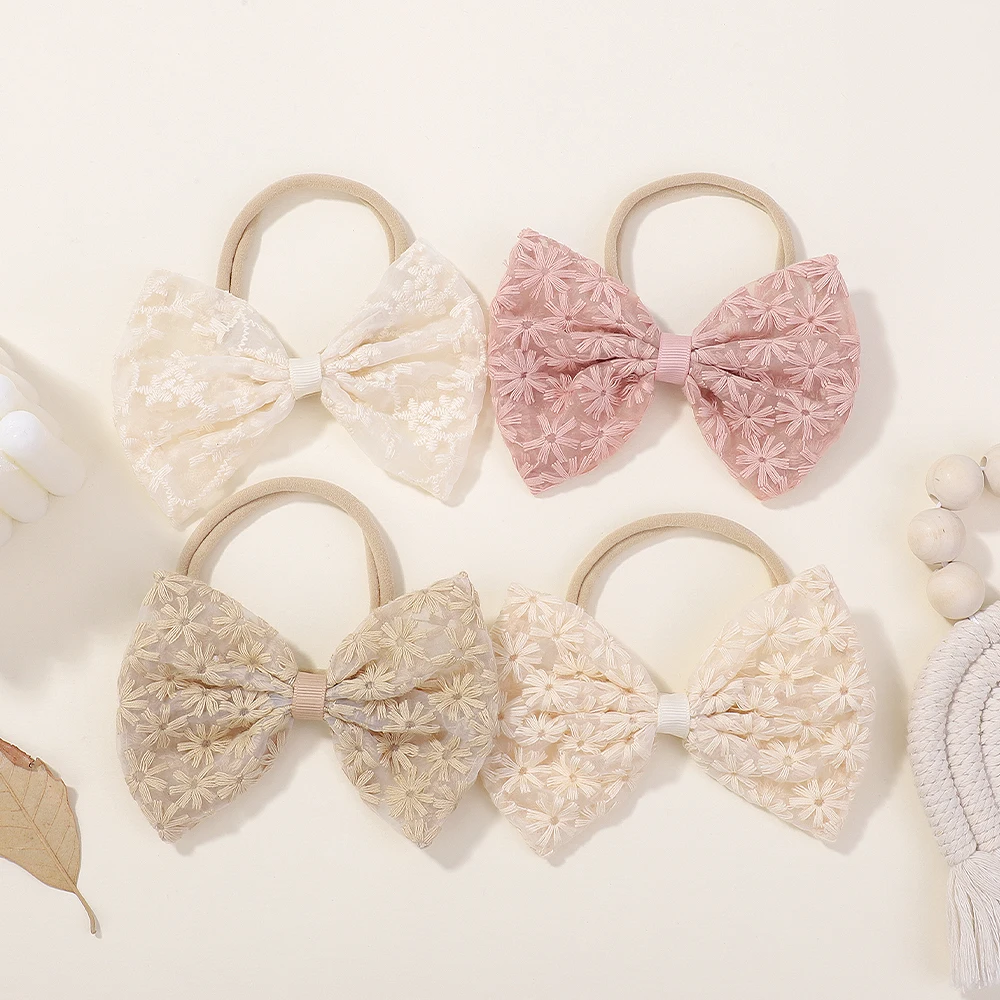 Bande de cheveux en nylon à gros nœuds de 4.5 pouces, 4 pièces, pour bébé, style rural, marguerite brodée, nœud papillon, bandeau, coiffure douce