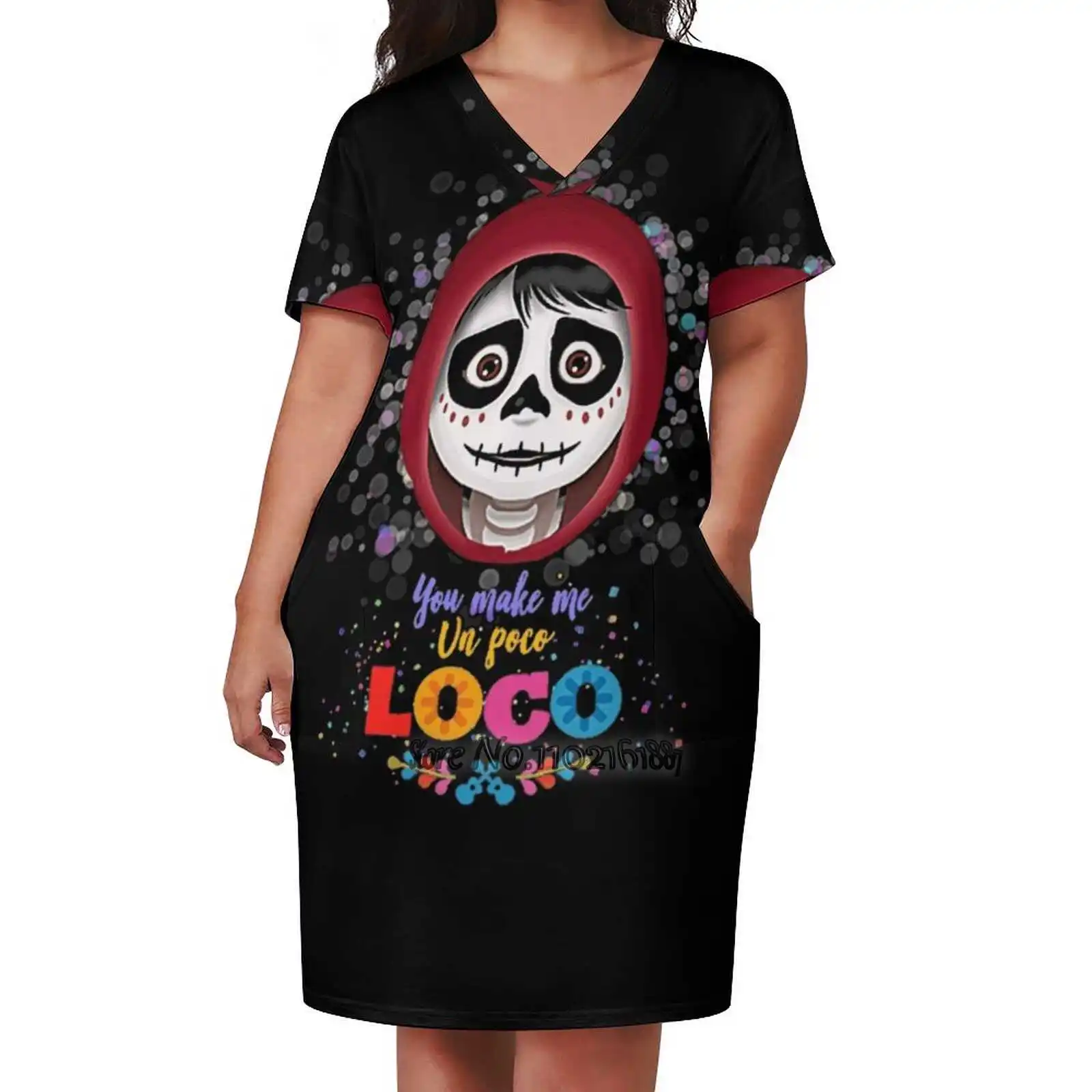 You Make Me Un Poco Loco T - Shirt Design Print Dress Short Sleeve V-Neck Fashion Skirt Thin Short Sleeve Skirts Coco Cartoons